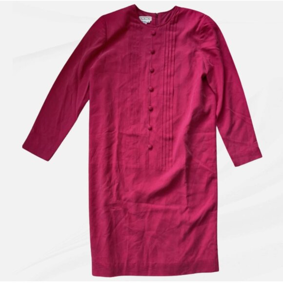 Vintage Talbots | Medium | 80s Hot Pink 100% Silk Tunic Midi Dress | Long Sleeve - Picture 1 of 9